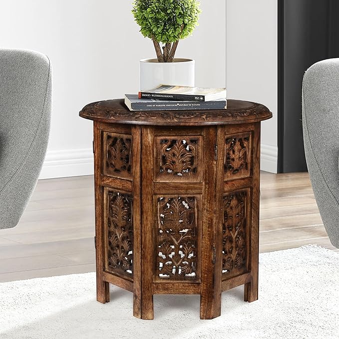 Lightnpro Handcrafted Wooden Round Accent Table - Vintage Farmhouse Octagonal Side End Table with Intricate Carvings for Living Room, Bedroom, Entryway - 18x18 Inch - Burnt