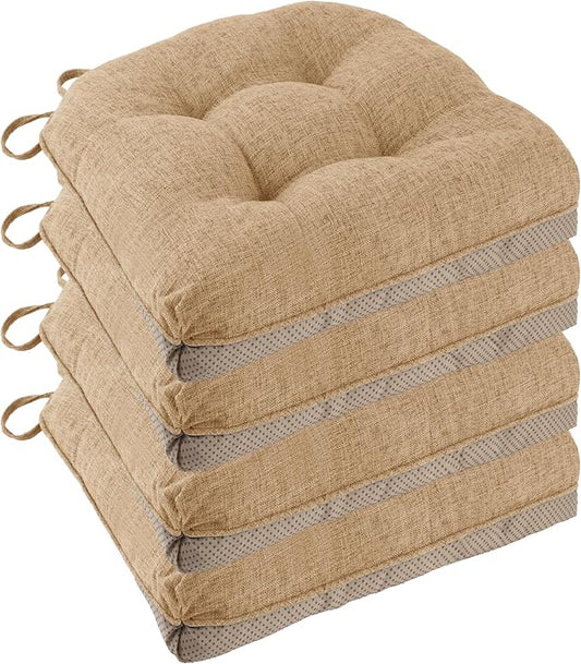 Non Slip Chair Cushions for Dining Chairs Set of 4 Kitchen Chair Cushions 18"x18"x3" Turfted Chair Pads Comfortable and Soft Seat Cushion with Ties, Cappuccino