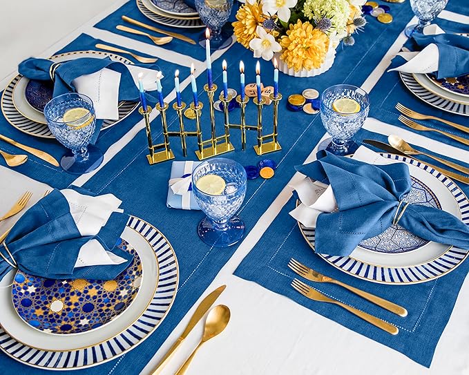 Solino Home Linen Table Runner 36 Inches - 100% Pure Linen Indigo Blue Hemstitch Table Runner 14 x 36 Inch Ideal for Dresser and Coffee Tables - Fall, Autumn - Classic Hemstitch