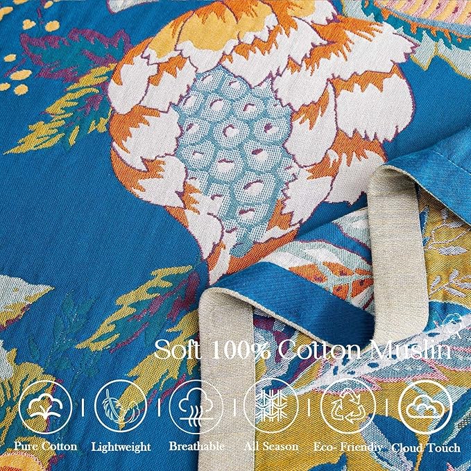 Boho Throw Blanket, Blue Lightweight Blankets for Summer, 100% Cotton Bohemian Decorative Throw Blanket, 50"x60" Reversible Muslin Breathable Woven Farmhouse Blankets Quilt,