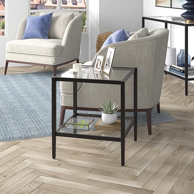 Henn&Hart 20" Wide Square Side Table with Glass Shelf in Blackened Bronze, Table for Living Room, Bedroom