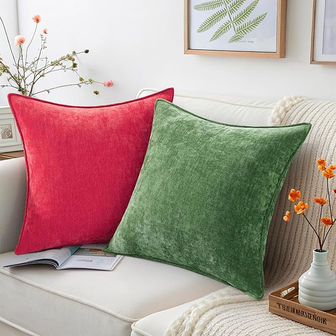decorUhome Christmas Couch Throw Pillow Covers 20x20 Set of 2, Decorative Soft Euro Neutral Chenille Pillow Covers with Elegant Design for Sofa Bed Living Room Home Decor, Red