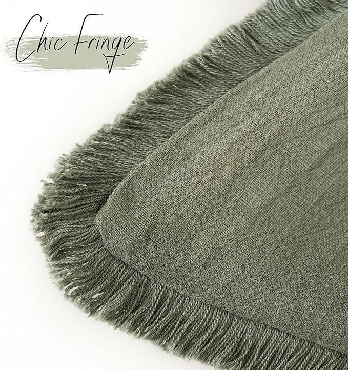 Foindtower Set of 2 Decorative Linen Fringe Lumbar Throw Pillow Covers Boho Farmhouse Cushion Cover with Tassels Soft Accent Pillowcase for Couch Sofa Bed Living Room Home Decor,12×20 Inch,Olive Green