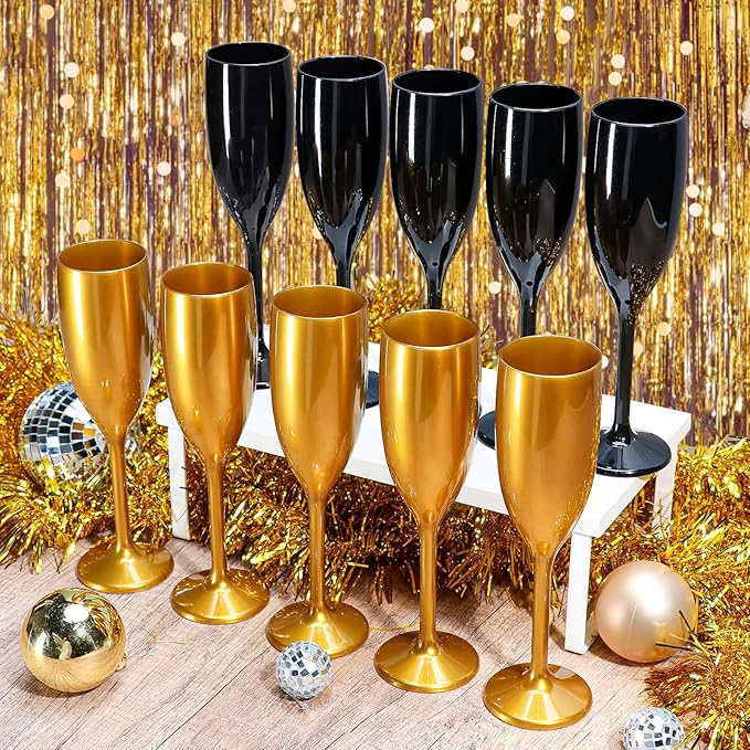 XUWAIDSGN Acrylic Champagne Flutes Toasting Glasses Unbreakable Mimosa Bar Reusable Wine Glasses Vintage Champagne Flutes Stemmed Drinking Cups 5.4 OZ for Christmas Birthday (24, Black)