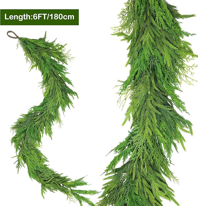 6FT Norfolk Pine Garland Real Touch Cedar Cypress Pine Garland Christmas Greenery for Mantle Stairs Table Window Front Door Christmas Decorations Xmas Decor