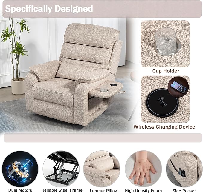 Power Lift Recliner Chair for Adults Elderly Lay Flat Velvet Recliners with Massage Heating, Extended Footrest, Wireless Charging Device, USB Ports, Cup Holder, Lumbar Pillow