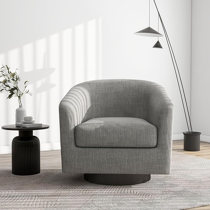 Swivel Barrel Accent Chair, Modern Round Linen Arm Chair for Living Room, Bedroom, Comfy Club Reading Chairs for Adults（Linen Fabric, Light Grey, Set of 4