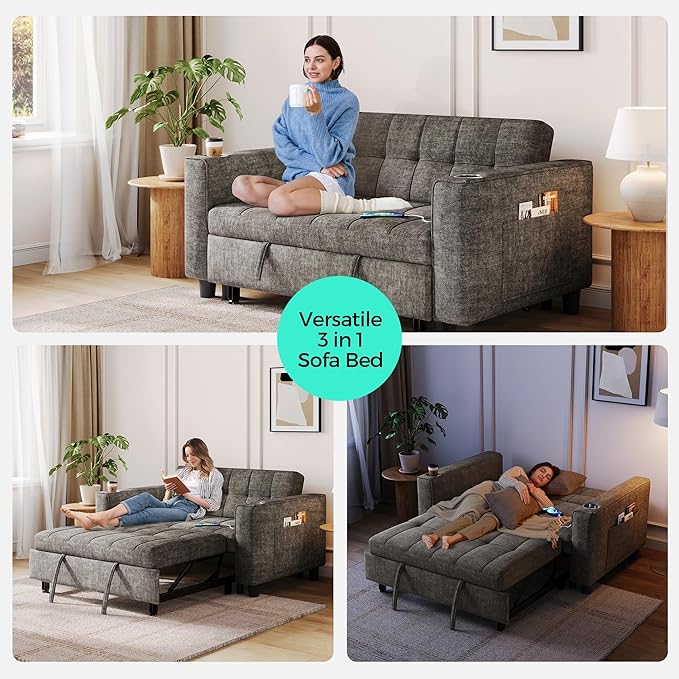 LINSY 3-in-1 Convertible Sofa Bed, 54" Pull Out Sleeper Sofa with Charging Station & Cup Holder, Small Folding Loveseat with Side Pocket for Small Space, Corduroy Couch, Gray