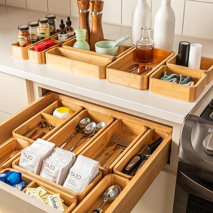 SMIRLY 3-Piece Bamboo Kitchen Drawer Organizer Set for Large and Small Utensils, Multi-use Storage Box - Bathroom, Nightstand, Jewelry, Cutlery, Knife, Spice, Towel, Junk Drawer Tray