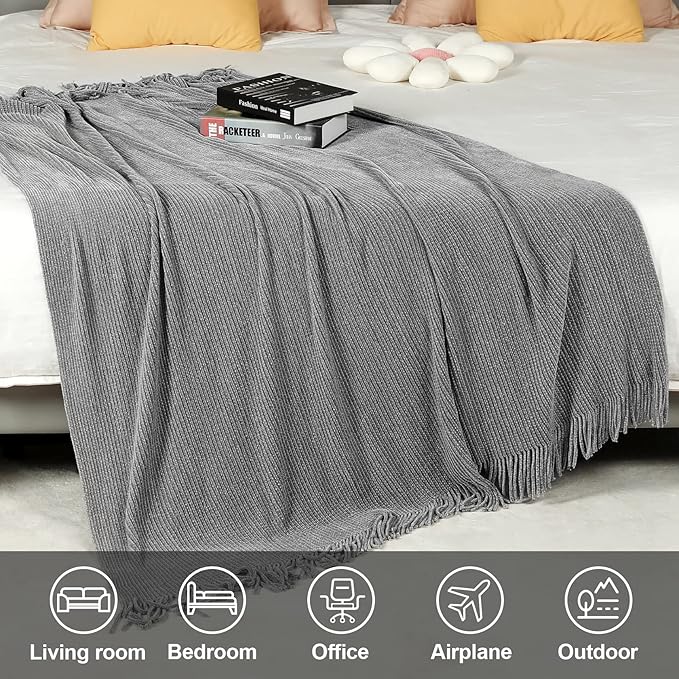 Blagic Grey Throw Blanket for Couch Soft Farmhouse Chenille Boho Throw Blanket with Tassels Home Decorative Lightweight Throw Blankets, Throws for Bed/Chair/Sofa, Stripe Textured (Light Grey,50"x60")