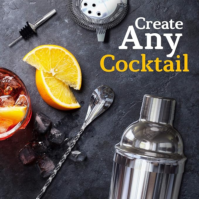 Highball & Chaser 13-Piece Cobbler Cocktail Shaker Set Stainless Steel Mixology Bartender Kit With Stand For Home Bar Cocktail Set | Laser Engraved Cocktail Tools | Plus Ebook with 30 Cocktail Recipes