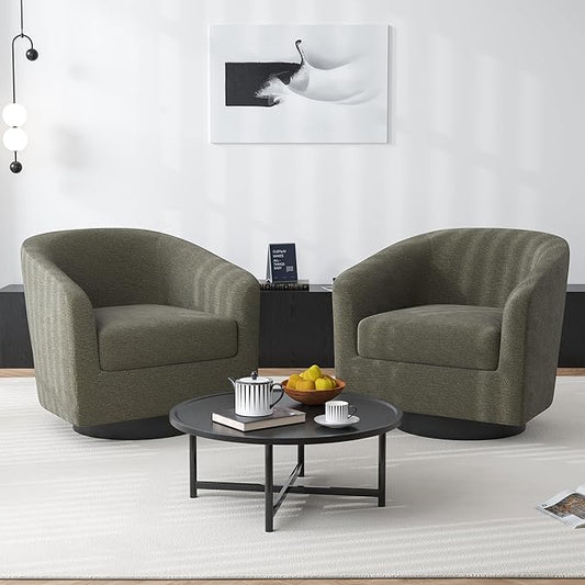 Swivel Barrel Accent Chair, Modern Round Chenille Fabric Arm Chair for Living Room, Bedroom, Comfy Club Reading Chairs for Adults（Chenille Fabric, Tan, Set of 2