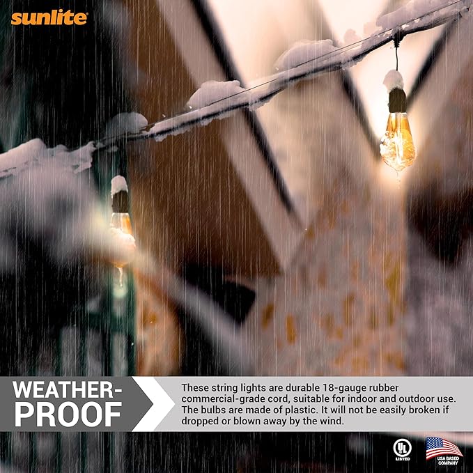 Sunlite 48ft Outdoor String Lights, 1.5W Commercial Grade, Waterproof, Linkable Strands, UL Listed, 15 Hanging Sockets, Shatterproof LED Edison Bulbs Included, 2700K Soft White