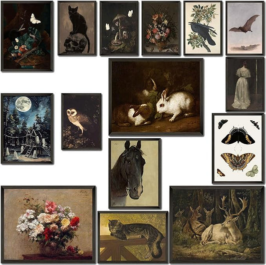 LANCHI95 15PCS Dark Cottagecore Decor, Dark Academia Decors, Cottage Core Whimsical Wall Art Goth Darks Moody Wall Decor for Living Room Bedroom 8x10 in (UNFRAMED)