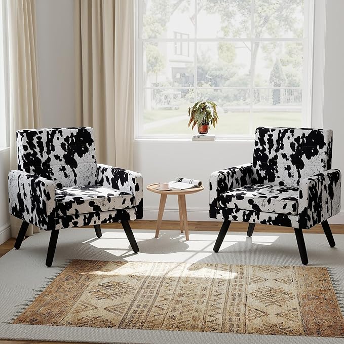 Kromax Mid-Century Modern Accent Chair Set of 2 for Living Room, 496 Lb. Weight Capacity, Dual Armrests, Comfy Extra Large Seat, Timeless Style Perfect for Reading & Relaxing, Cow Pattern
