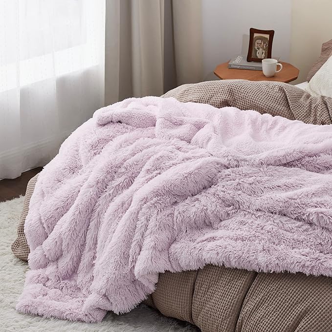 Bedsure GentleSoft Fluffy Lavender Purple Blankets Queen Size for Bed, Thick Sherpa Faux Fur Fleece Fuzzy Plush Winter Warm Soft Queen Blankets, Bedroom Purple Decor Cozy Gifts for Women Men, 90x90