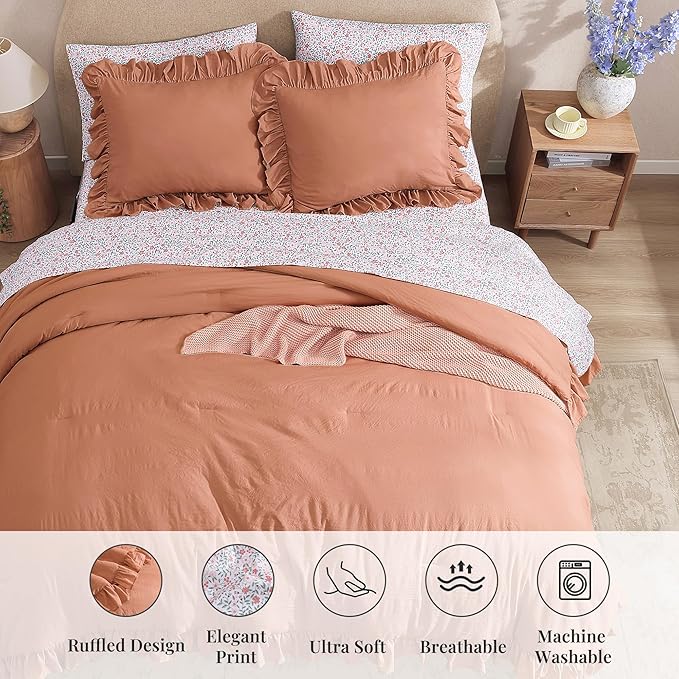 Queen Comforter Set - 7 Pieces Ruffle Autumn Leaf Bedding Sets, Shabby Chic Farmhouse Bed in a Bag Queen with Ruffle Comforter, Floral Sheets, Pillowcases & Shams