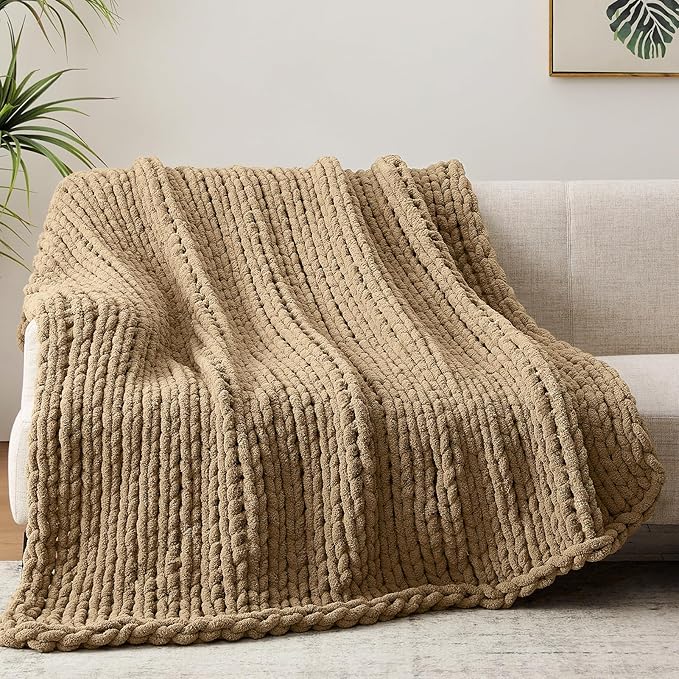 Chunky Knit Throw Blanket, 60''*80'' Knitted Throw Chenille Yarn for Bed Couch, Handmade Light Brown Crochet Big Thick Blanket, Machine Washable Cute Comfy Blanket for Home Decor