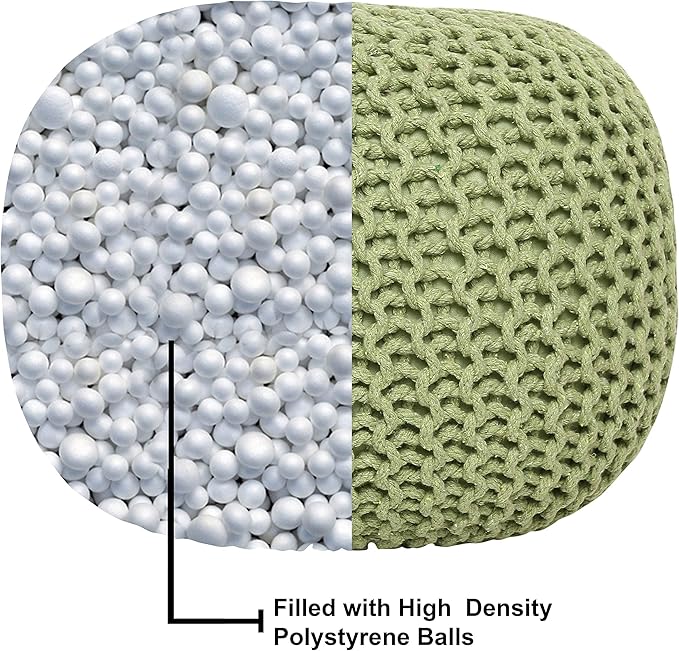 REDEARTH Round Pouf Foot Stool Ottoman - Cotton Knitted Cord Boho Pouffe - Cable Poof Filled Footrest Stuffed for Living Room - Nursery - Bedroom - Patio - Lounge (19.5"x19.5"x14") - Kiwi