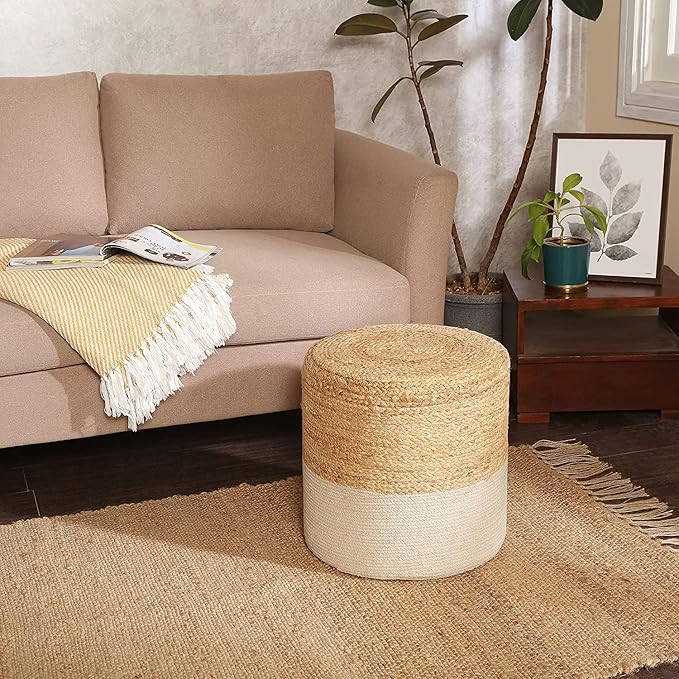 REDEARTH · Cylindrical Pouf Foot Stool Ottoman - Jute Braided Accent Sitting Footrest for The Living Room, Bedroom, Nursery, Patio, Lounge Set of 2 (14.5”x14.5”x16”; Natural Ivory)