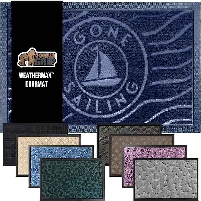 GORILLA GRIP 100% Waterproof All-Season WeatherMax Doormat 35x23, US Designed Natural Rubber, Stain and Fade Resistant, Low Profile Indoor Outdoor Door Mats, Easy Clean Patio Mat, Blue Sailing