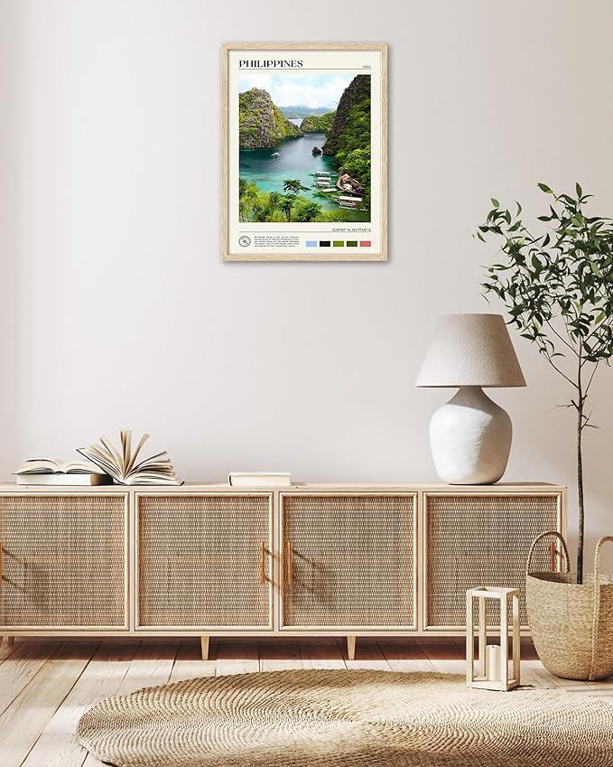 HesenDot Natural OAK Wood Framed Philippines Natural Scenery Wall Art,12x16in Busuanga Island Landscape Canvas Print,Urban Landmark Wall Decor for Living Room,Bedroom,Office Gallery,Set of 1