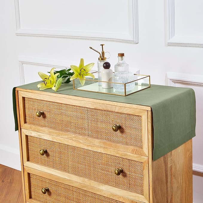 Solino Home Linen Table Runner 36 Inches - 100% Pure Linen Oil Green Table Runner 14 x 36 Inch Ideal for Dresser and Coffee Tables - Fall, Autumn, Thanksgiving - Fete