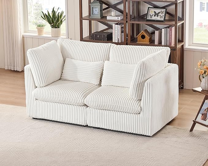 Oversized Modular Sofa, Extra Deep Cloud Corduroy Sectional Couch with Ottoman Chaise, Fluffy Corduroy 2 Seater Sofa Bed for Living Room, Villa (Loveseat Sofa, Corduroy White)