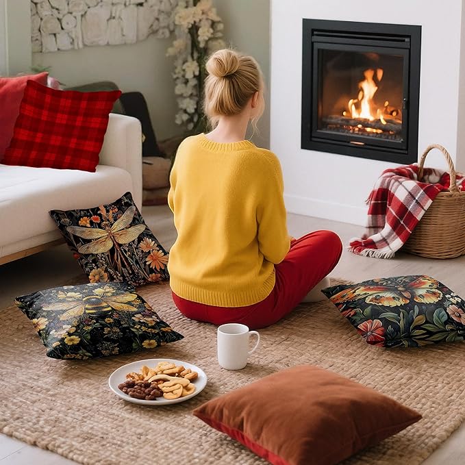 Vintage Dark Dragonfly Bee Butterfly Pillow Covers 18x18 Double-Sided Set of 3,Insect Gifts for Women,Vintage Dark Cottagecore Floral Botanical Insects Decorative Throw Pillow Covers for Home