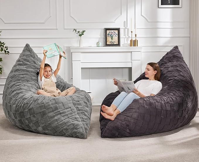 Hobestluk 3 in 1 Bean Bag Chair Giant Bean Bag Chairs for Adults with Plaid Cover Convertible Bean Bag Floor Cushion with Machine Washable Cover for Living Room (Plaid Dark Grey)