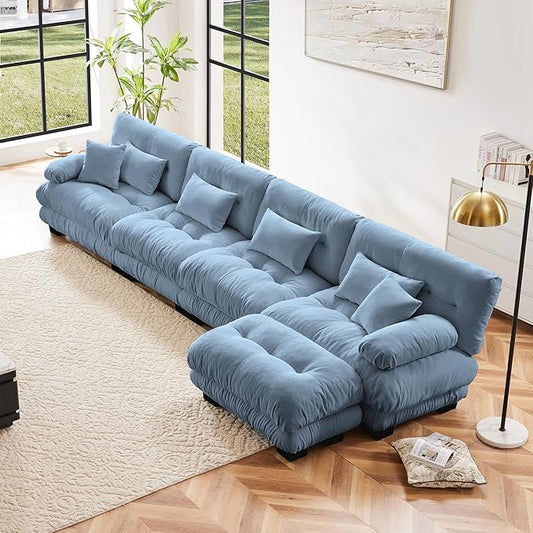 Modular Sectional Sofa, Comfy Cloud Couch 4 Seater Couch with Ottoman, Sectional Couches for Living Room, Modern Chenille L Shaped Couches, Sleeper Deep Seat Sofa with Throw Pillows, Blue