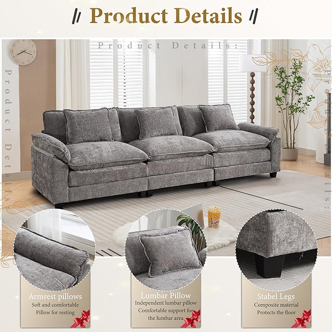 URRED Modular Sectional Sofa Comfy Cloud Couch, Modern Chenille Sofa Sleeper Deep Seat Couches with Ottoman/Pillows for Living Room (Gray, 117'')