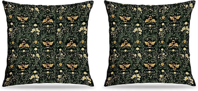 William Morris Inspire Floral Bee Pillow Covers 18x18 Set of 2, Dark Academia Art Nouveau Cottagecore Flower Botanical Bumblebee Decorative Throw Pillow Covers for Home Bedroom Living Room