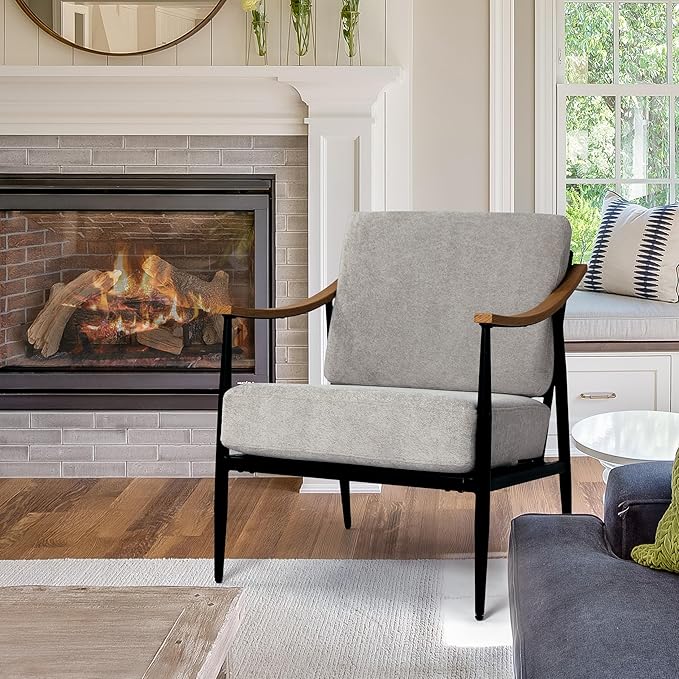 Modern Accent Chairs Set of 2 for Living Room Bedroom Mid Century Arm Chairs Upholstered Office Accent Chairs Comfy Waiting Room Chairs with Metal Frame, Grey