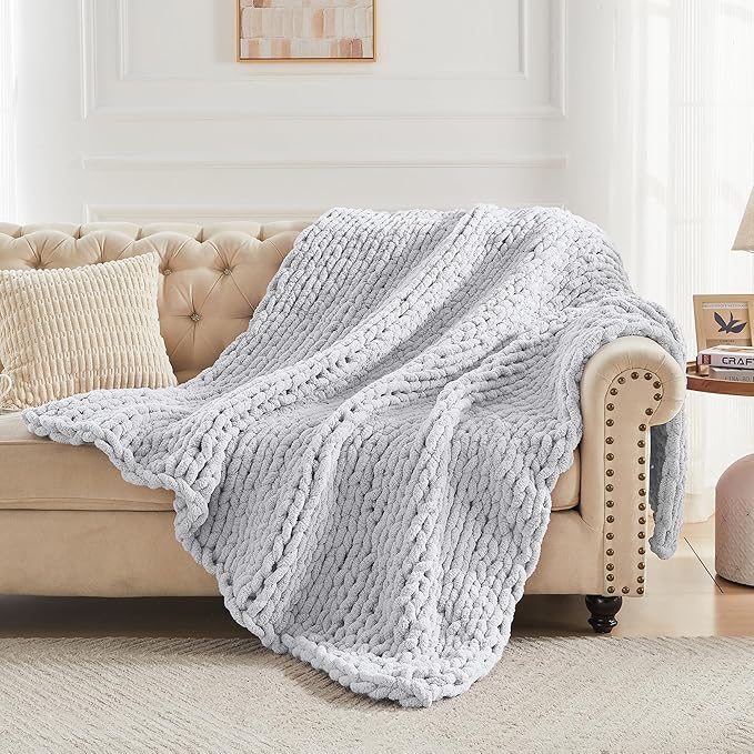 Carriediosa Chunky Knit Throw Blanket 60" X 80" Twin, 100% Hand Made Large Chenille Loop Yarn Soft Fluffy Throws for Couch Sofa Bed, Big Crochet Cozy Heavy Thick Cable Woven Blanket, Grey