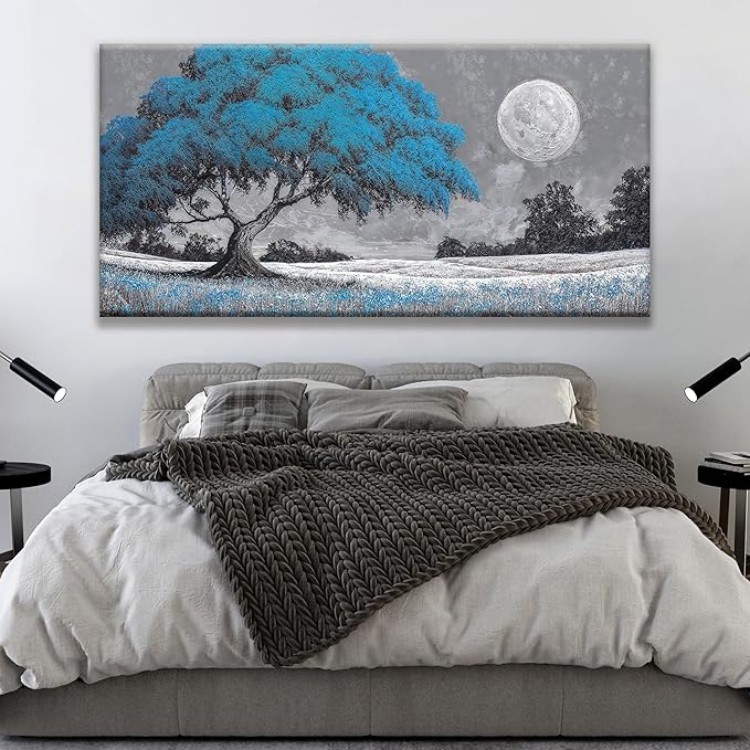 TAIJXAGSG Wall Art Blue Tree Moon Picture Canvas Art Wall Decor Artwork Abstract Canvas Print Painting Nature For Living Room Bedroom Bathroom Office Home Wall Decor 29"X 58"Can Be Hung Directly