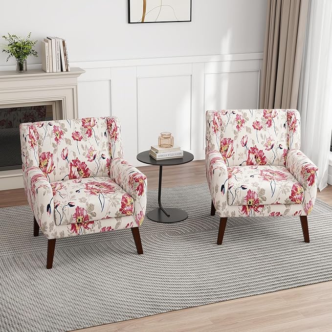 UIXE Floral Accent Chair, Modern Upholstered Armchair in Fabric for Living Room, Comfy Club Arm Chairs Single Sofa Button Tufted Bedroom Reading Seat - Pattern White, Set of 2