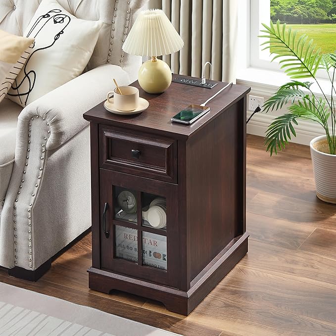 Farmhouse XXL End Table with Charging Station, Side Table with USB Ports and Outlets, Nightstand with Drawer and Glass Door Storage, Cherry Bedside Tables for Living Room, Bedroom, Office