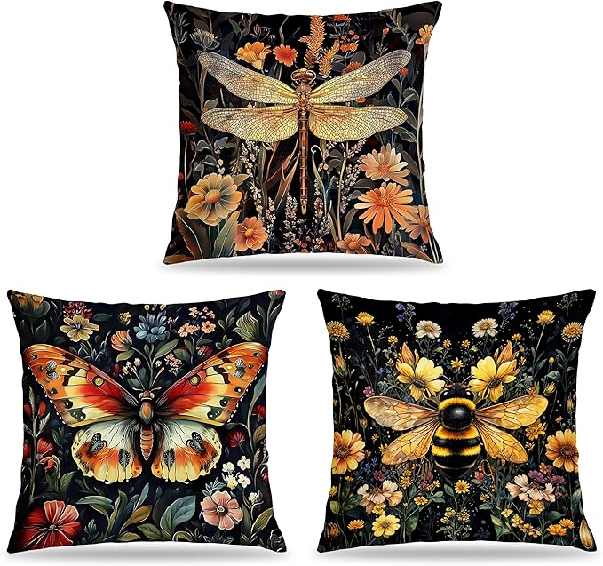 Vintage Dark Dragonfly Bee Butterfly Pillow Covers 18x18 Double-Sided Set of 3,Insect Gifts for Women,Vintage Dark Cottagecore Floral Botanical Insects Decorative Throw Pillow Covers for Home