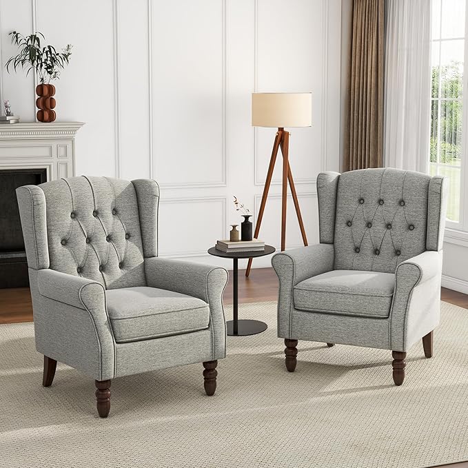 UIXE High Back Accent Chairs Set of 2, Upholstered Armchair in Fabric, Retro Wingback Arm Chair for Living Room, Comfy Single Sofa Bedroom Reading Seat with Solid Wood Legs - Light Gray