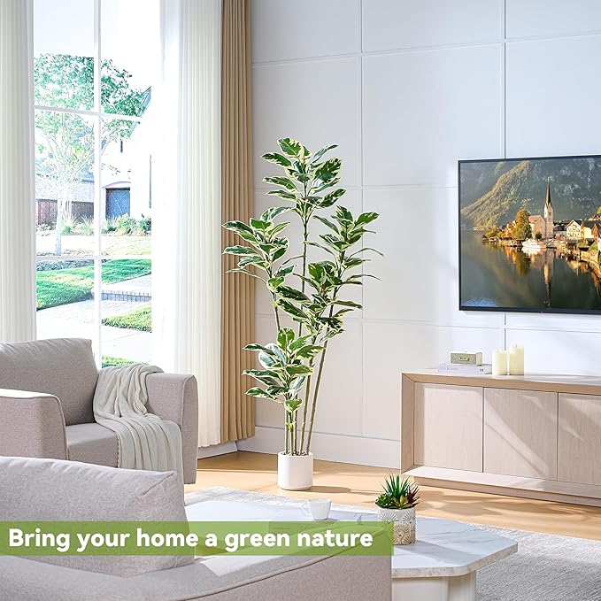 Artificial Rubber Plant 6FT Faux Plants Indoor Fake Rubber Tree with White Planter, Tall Fake Plants Potted Tree Floor Plant in Pot, Artificial Trees for Home Office Room Outdoor Decor