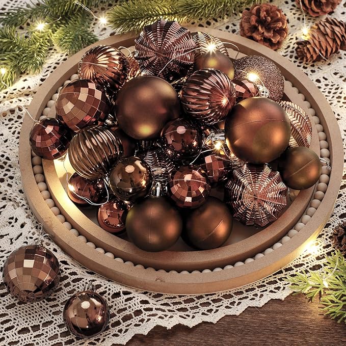 64 Pcs Brown Christmas Ball Ornaments Glitter Matte Brown Xmas Bulbs Ornaments 1.6/1.97/2.4 Inch Neutral Rustic Xmas Baubles Assorted Size Modern Christmas Decoration for Tree Home Indoor Decor