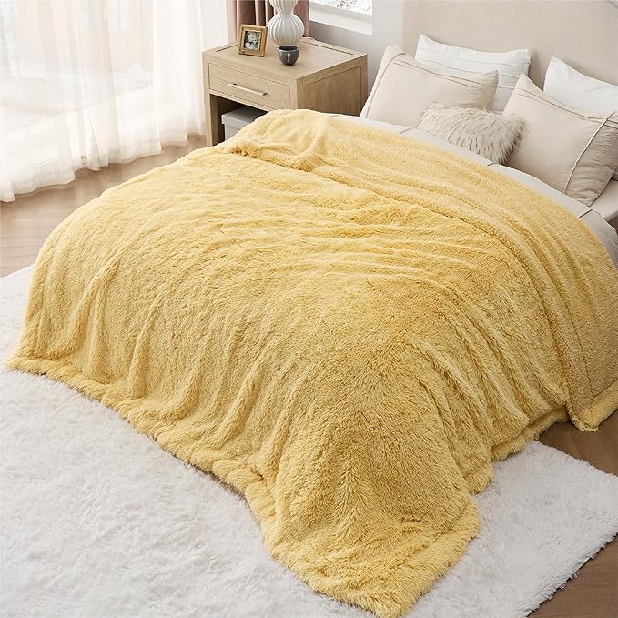 Bedsure GentleSoft Fluffy Yellow King Size Blanket for Bed, Thick Soft Sherpa Faux Fur Fleece Bedding Fuzzy Plush Winter Warm Heavy Big Large King Blanket, Cozy Yellow Gifts for Men Women, 108x90