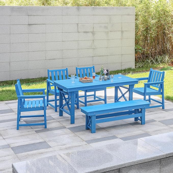 HDPE Outdoor Dining Set of 6, Patio Dining Table Set with 4 Chairs and 1 Bench, 6 Pieces HDPE Dining Set with Umbrella Hole, Outdoor Furniture Sets for Deck, Poolside, Garden, Sky Blue