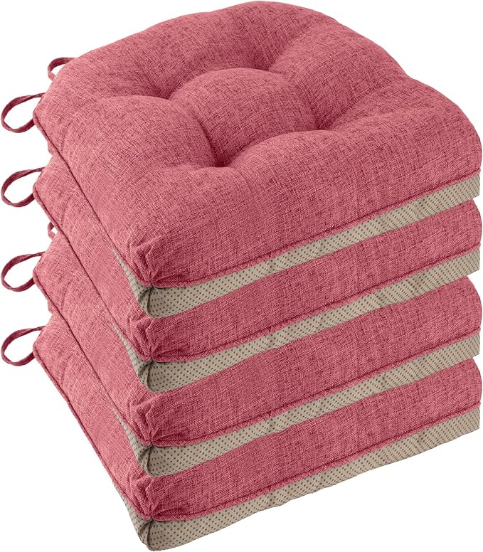 Non Slip Chair Cushions for Dining Chairs Set of 4 Kitchen Chair Cushions 18"x18"x3" Turfted Chair Pads Comfortable and Soft Seat Cushion with Ties (Pink)