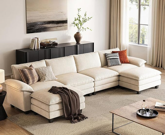 LINSY HOME Modular Sectional Sofa - 157'' Comfy Corduroy Cloud Sofa Oversized U Shaped Couch with Movable Ottoman, Soft Modern Sofa for Living Room Apartment, Beige
