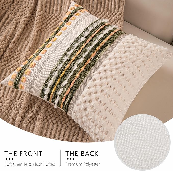 Boho Chenille Tufted Couch Throw Pillow Covers 18x18 Inch Set of 2 Farmhouse Striped Decorative Pillow Covers Accent Neutral Pillowcase Dark Green Cushion Cover for Living Room Sofa Bed