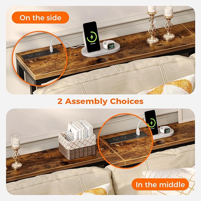 SUPERJARE 78.7 Inch Console Table with Outlet, Sofa Table with Charging Station, Narrow Hallway Entryway Table, Behind Couch Table, for Living Room, Rustic Brown