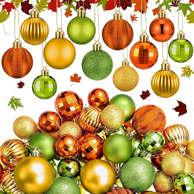 64 Pcs Fall Ball Ornaments Matt Glitter Lime Green Gold Orange Tree Ornament 1.6/1.97/2.4 Inch Autumn Thanksgiving Hanging Bulbs Fall Decorations for Home Tree Holiday Office Party Decor