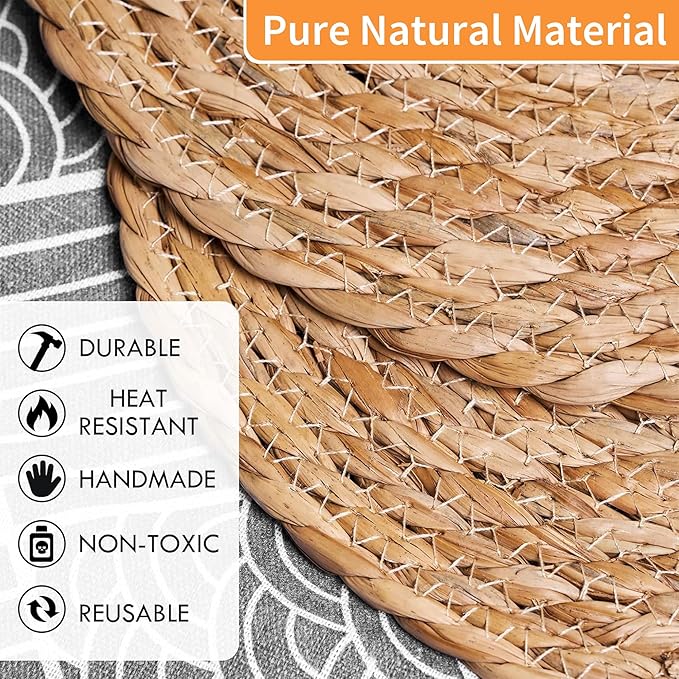 Defined Deco Woven Placemats Set of 10,13.5" Round Rattan Placemats,Farmhouse Weave Rustic Braided Wicker Table Mats for Dining Table Home Wedding